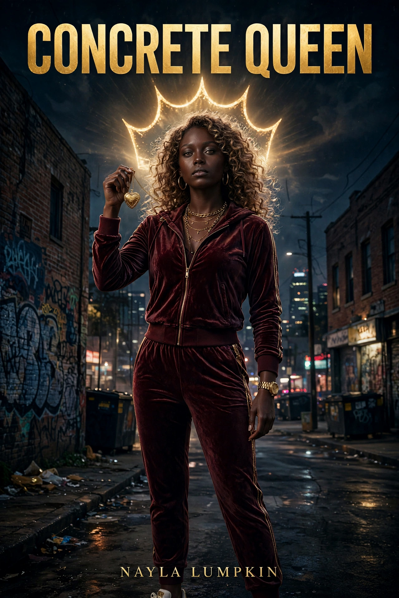 Concrete Queen book cover — Miya in a burgundy tracksuit with a gold crown behind her